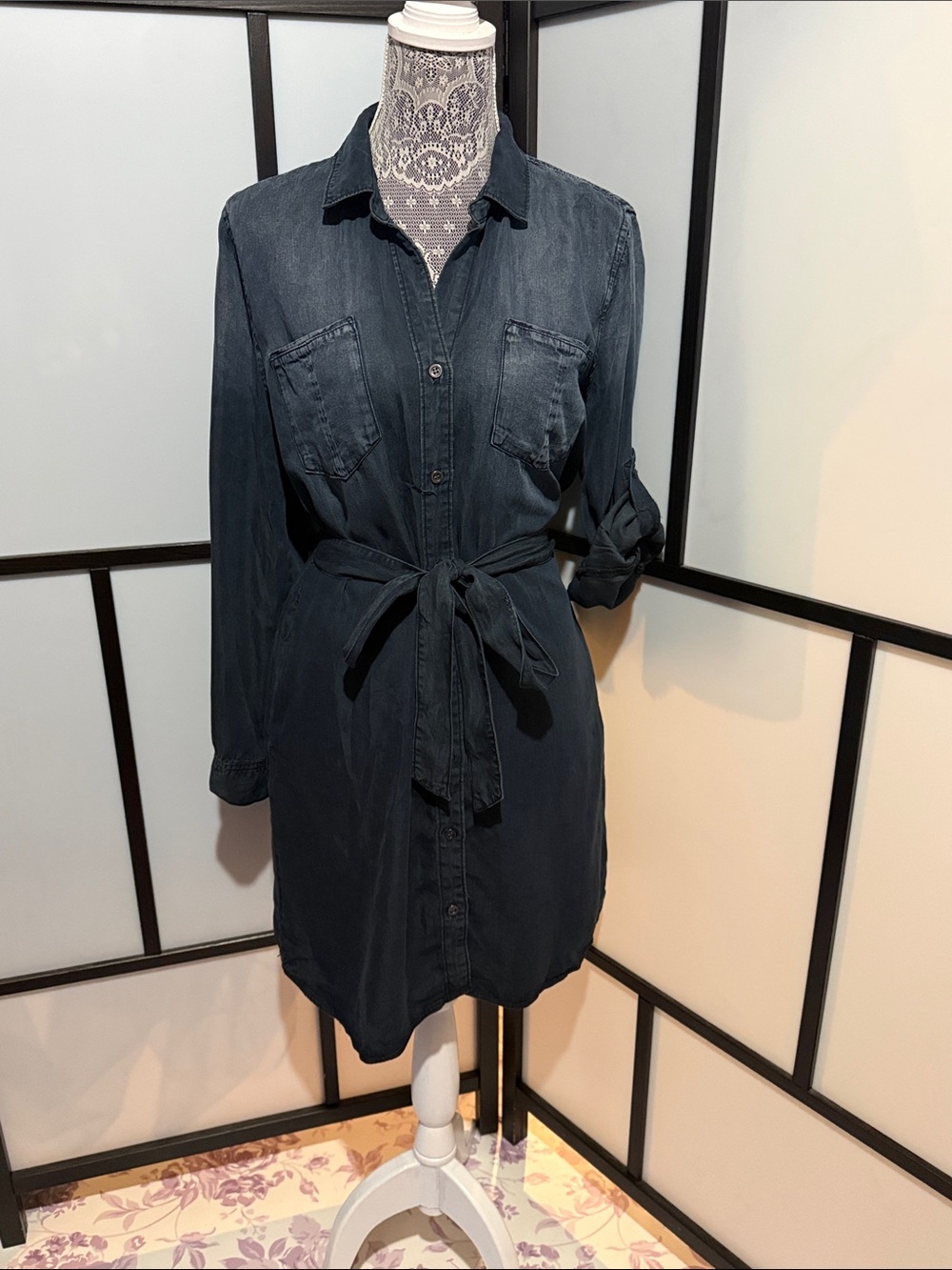 Velvet Heart Indigo Button-Front Tie-Waist Shirt Dress